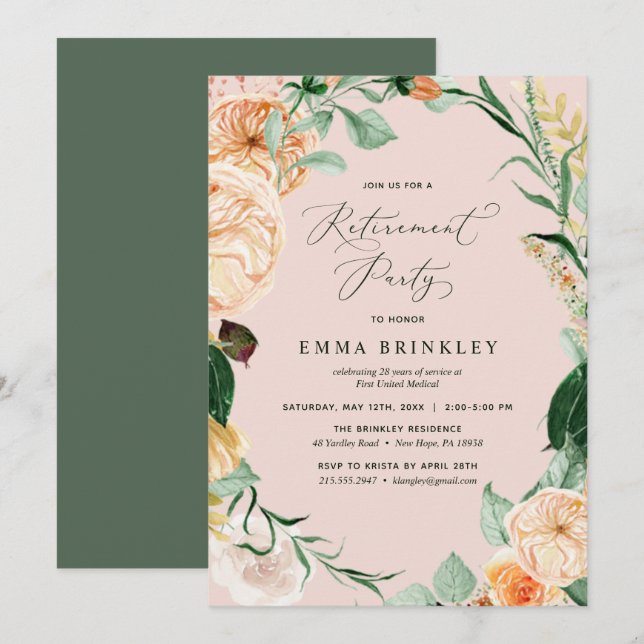 Botanical Boho Blush Pink Pastel Retirement Party Invitation (Front/Back)