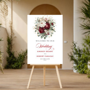 Botanical Boho Burgundy Floral Greenery Welcome  Poster