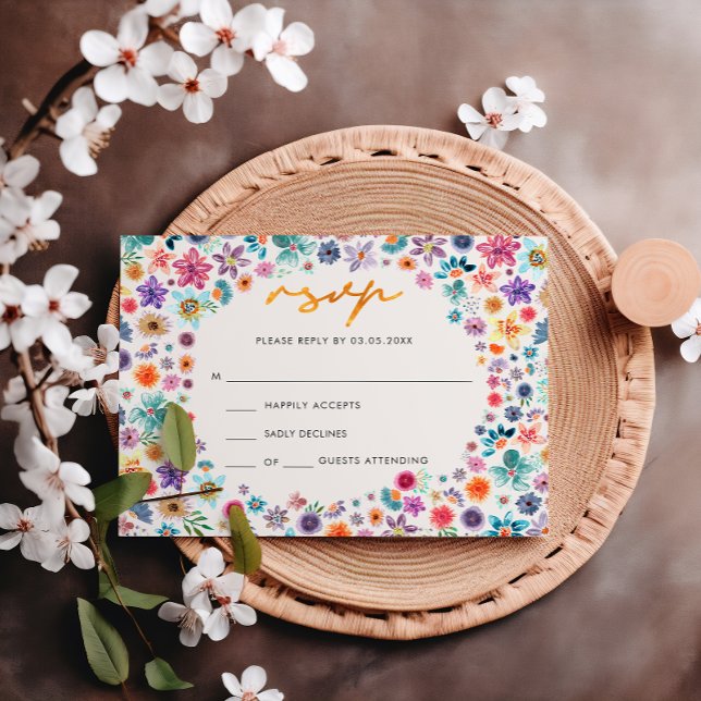 Botanical Boho Chic Beige Gold Wildflower Wedding RSVP Card (Front)