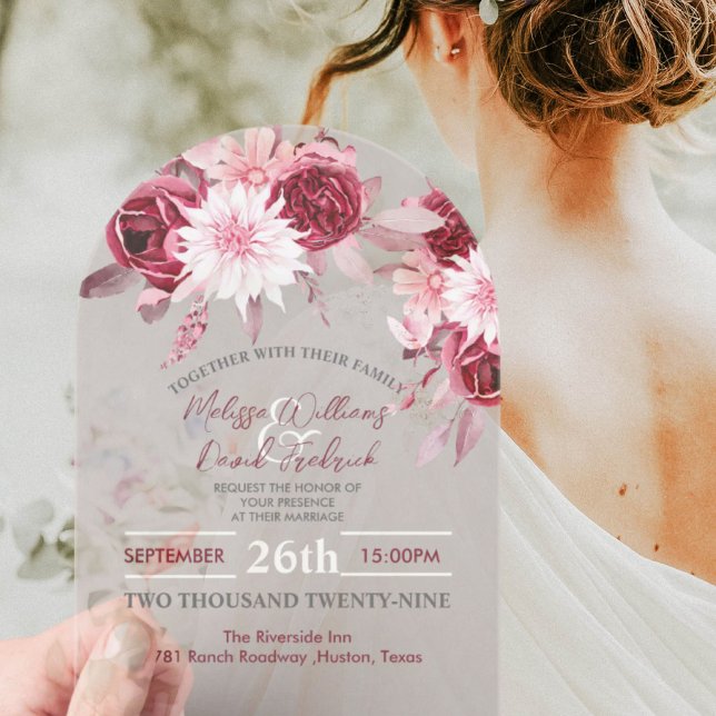 Botanical Boho Chic Flowers Blush Burgundy Wedding Acrylic Invitations (Botanical Boho Chic Flowers Blush Burgundy Wedding Acrylic Invitations)