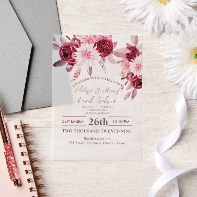 Botanical Boho Chic Flowers Blush Burgundy Wedding Vellum Invitations (Wedding)