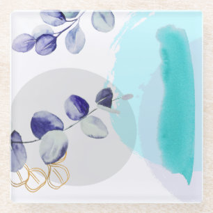 Botanical Boho Cyan Purple Glass Coaster