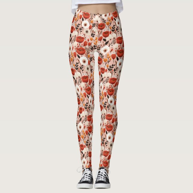 Botanical Boho Fall Wildflowers Meadow Pattern Leggings (Front)