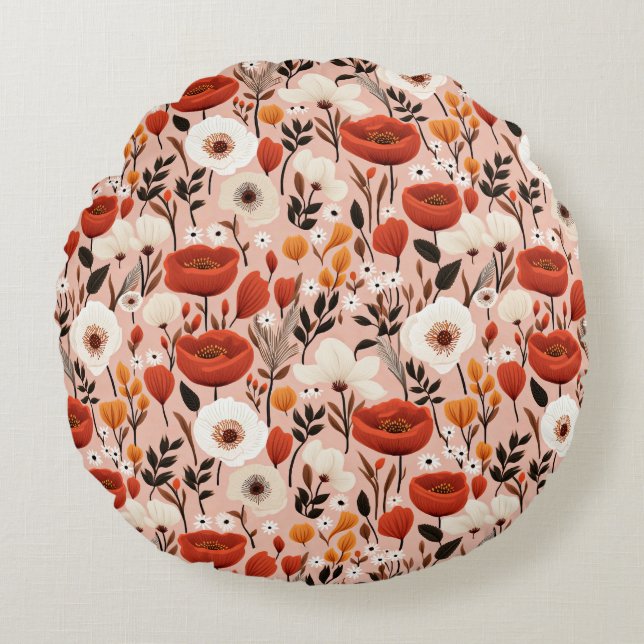 Botanical Boho Fall Wildflowers Meadow Pattern Round Cushion (Front)