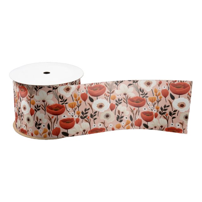 Botanical Boho Fall Wildflowers Meadow Pattern Satin Ribbon (Spool)