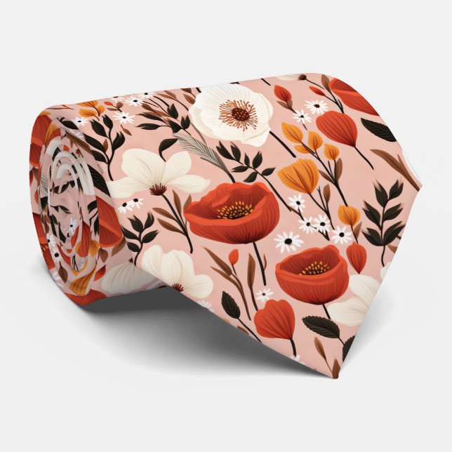 Botanical Boho Fall Wildflowers Meadow Pattern Tie (Rolled)
