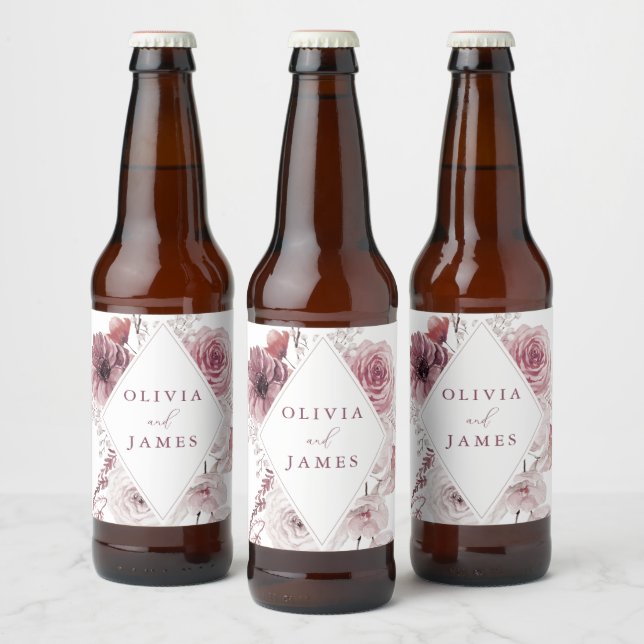 Botanical Boho Floral Mauve Wedding Beer Bottle Label (Bottles)