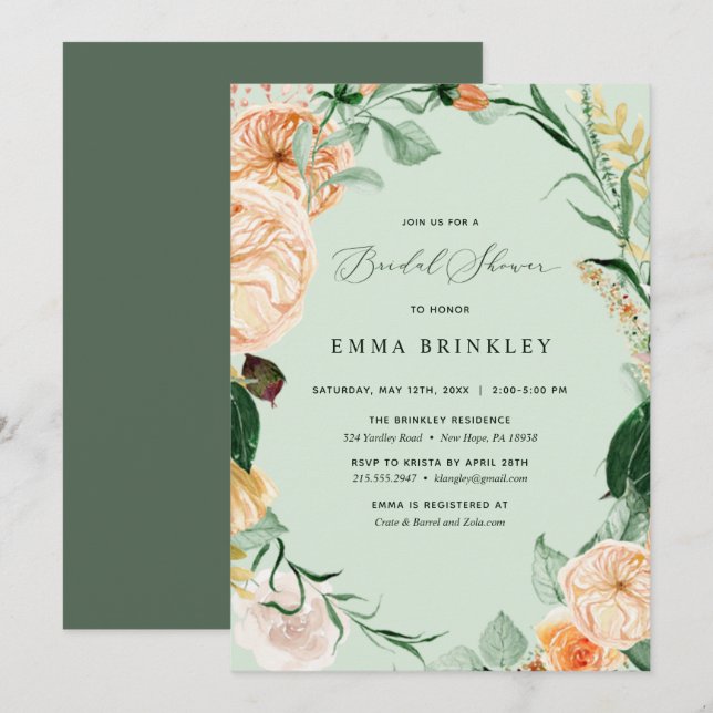 Botanical Boho Floral Pastel Sage Bridal Shower Invitation (Front/Back)