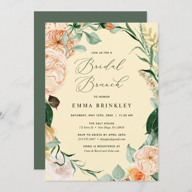 Botanical Boho Floral Pastel Yellow Bridal Brunch Invitation (Front/Back)
