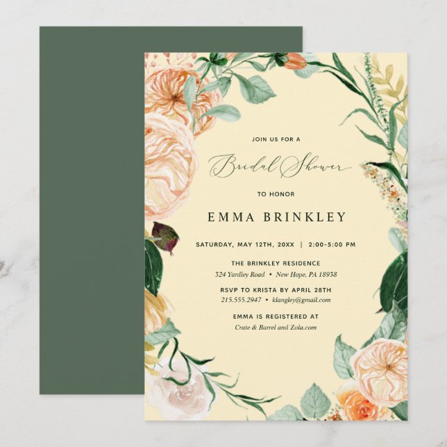 Botanical Boho Floral Pastel Yellow Bridal Shower Invitation (Front/Back)