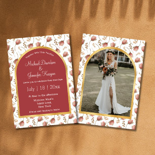 botanical boho gold red arch photo fall wedding invitation