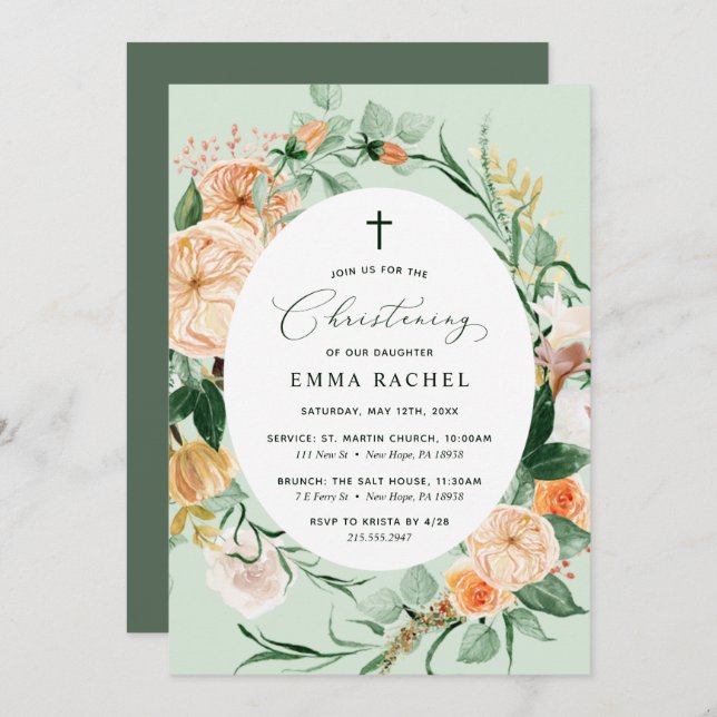 Botanical Boho Green Girl Christening Personalised Invitation (Front/Back)