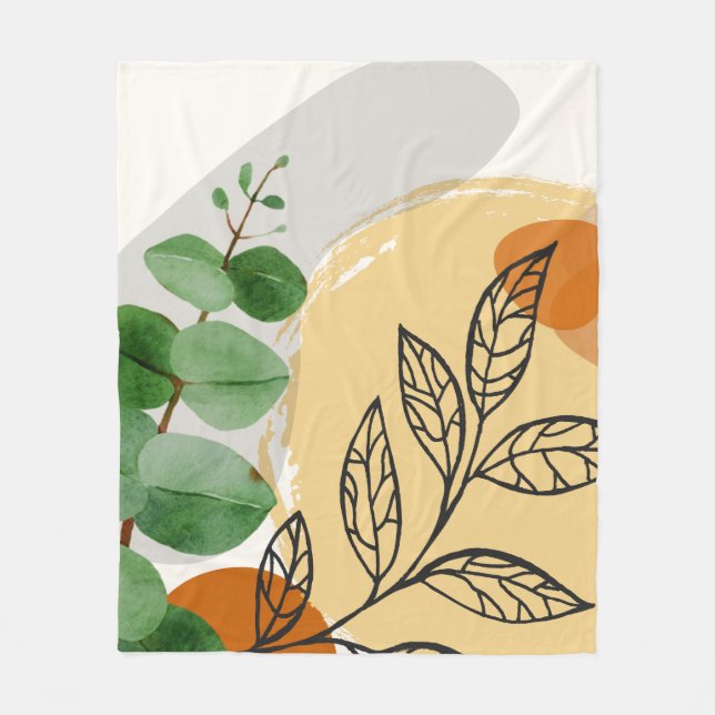 Botanical Boho Green Orange Fleece Blanket (Front)