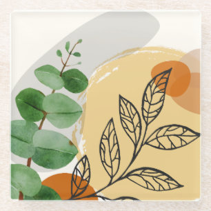 Botanical Boho Green Orange Glass Coaster