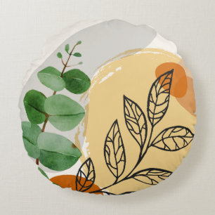 Botanical Boho Green Orange Round Cushion
