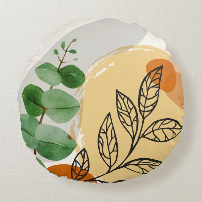 Botanical Boho Green Orange Round Cushion (Front)