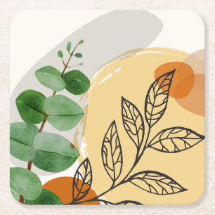 Botanical Boho Green Orange Square Paper Coaster