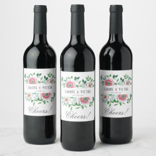 Botanical Boho Green,pink & grey  Floral Wedding Wine Label