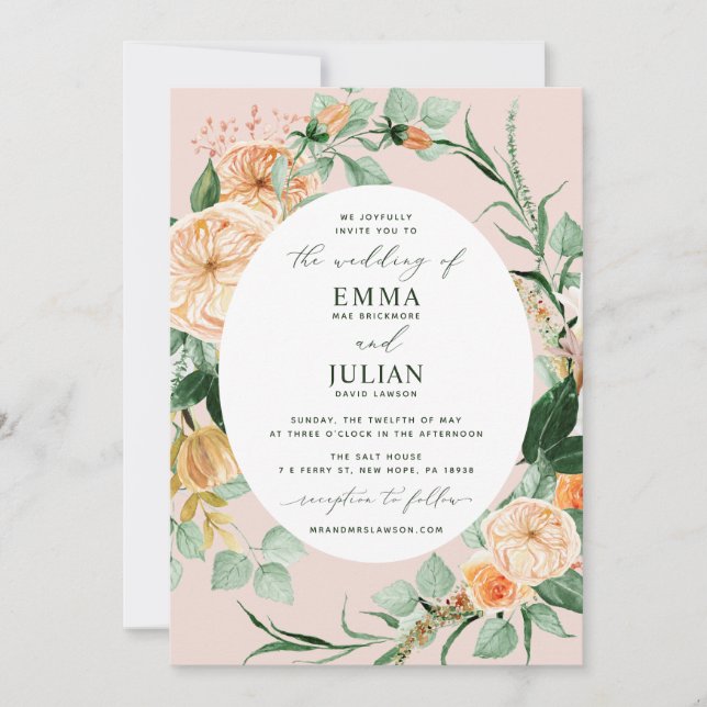 Botanical Boho Greenery Blush Pink Floral Wedding Invitation (Front)