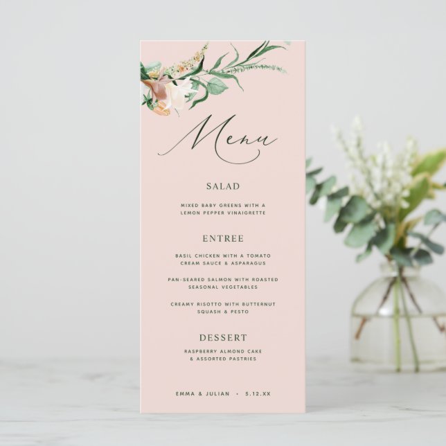 Botanical Boho Greenery Blush Pink Wedding Menu (Standing Front)