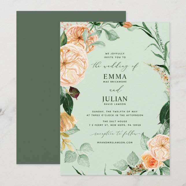 Botanical Boho Greenery Elegant Sage Green Wedding Invitation (Front/Back)