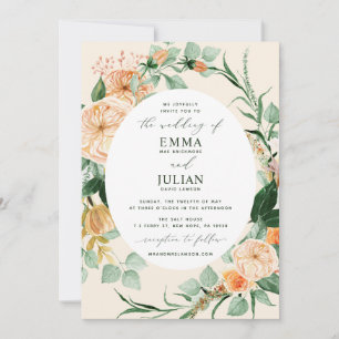 Botanical Boho Greenery Peach Bloom Floral Wedding Invitation