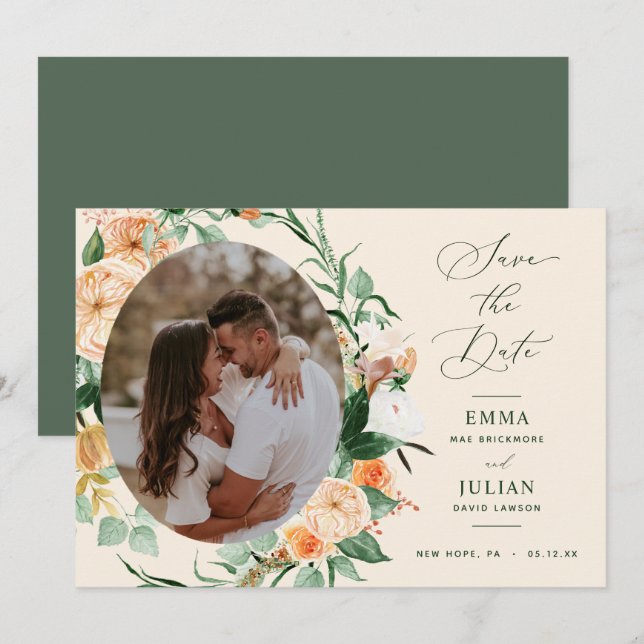 Botanical Boho Greenery Peach Neutral Floral Save The Date (Front/Back)