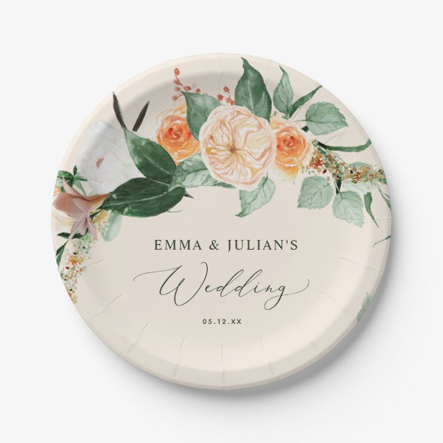 Botanical Boho Greenery Peach Personalised Wedding Paper Plate (Front)