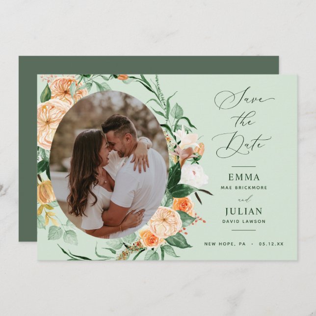 Botanical Boho Greenery Sage Green Neutral Photo Save The Date (Front/Back)