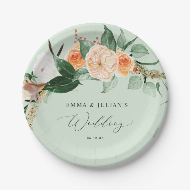 Botanical Boho Greenery Sage Personalised Wedding Paper Plate (Front)