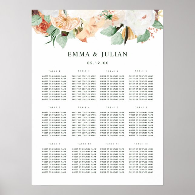 Botanical Boho Greenery Wedding Seating Chart  (Front)