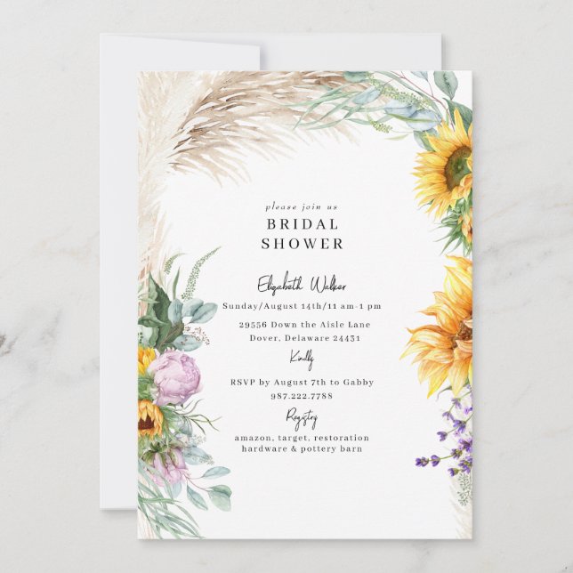 Botanical Boho Pampas Sunflower Peony BridalShower Invitation (Front)
