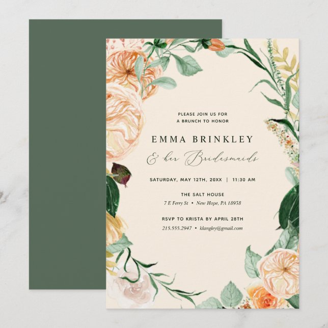 Botanical Boho Peach Bridesmaids Luncheon Brunch Invitation (Front/Back)
