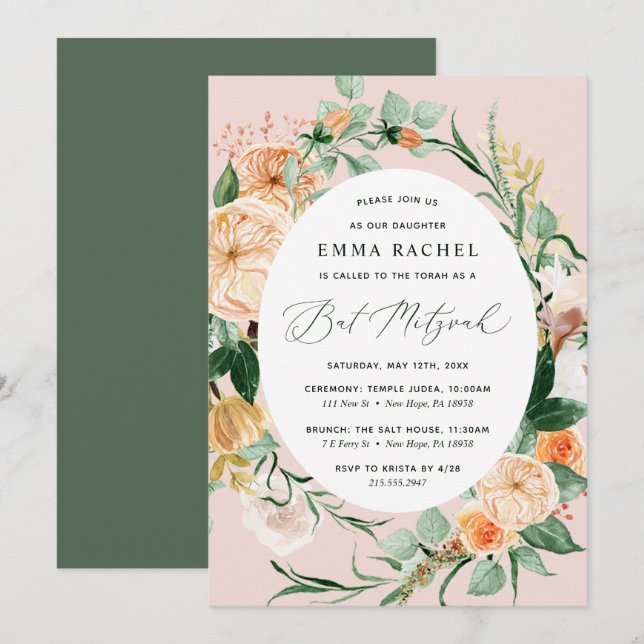 Botanical Boho Personalised Blush Pink Bat Mitzvah Invitation (Front/Back)