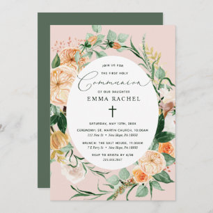 Botanical Boho Personalised Blush Pink Communion Invitation
