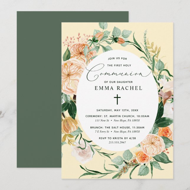 Botanical Boho Personalised Cute Yellow Communion Invitation (Front/Back)
