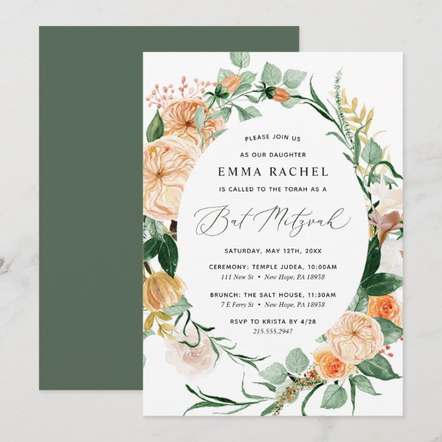 Botanical Boho Personalised Greenery Bat Mitzvah Invitation (Front/Back)
