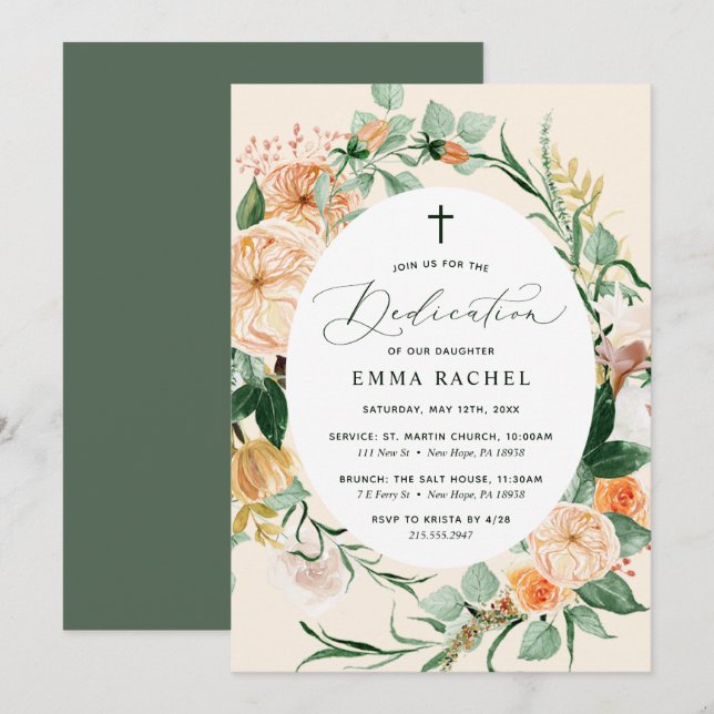 Botanical Boho Personalised Peach Girl Dedication Invitation (Front/Back)