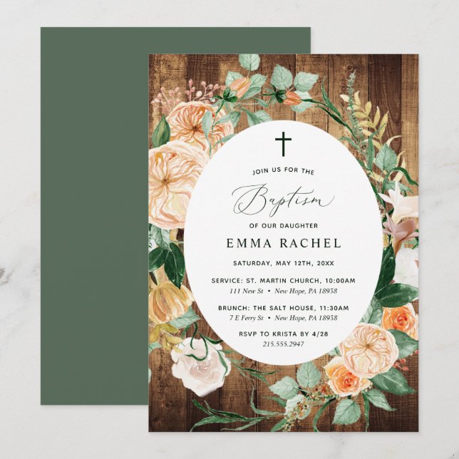 Botanical Boho Personalised Rustic Wood Baptism Invitation (Front/Back)