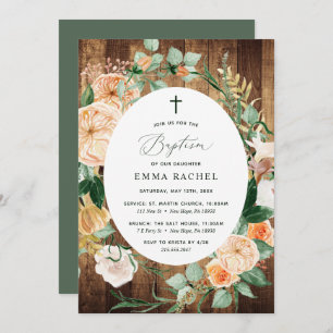 Botanical Boho Personalised Rustic Wood Baptism Invitation