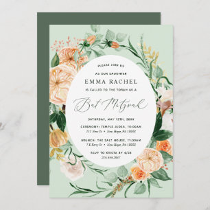 Botanical Boho Personalised Sage Green Bat Mitzvah Invitation