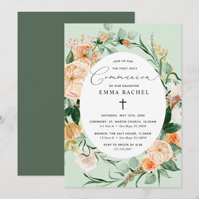 Botanical Boho Personalised Sage Green Communion Invitation (Front/Back)