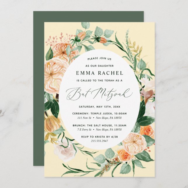 Botanical Boho Personalised Yellow Bat Mitzvah Invitation (Front/Back)