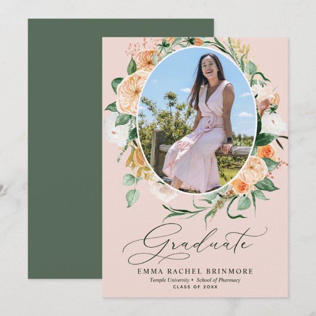 Botanical Boho Pink Photo Graduation Announcement (Front/Back)