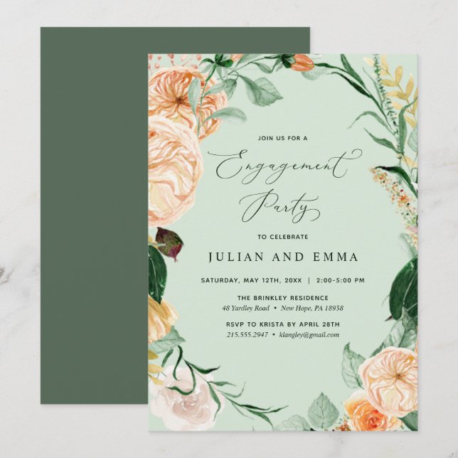 Botanical Boho Sage Green Neutral Engagement Party Invitation (Front/Back)