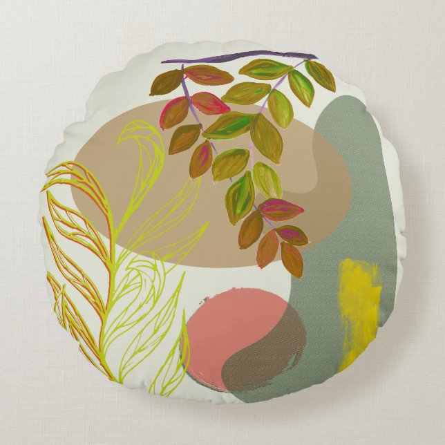 Botanical Boho Yellow Green Round Cushion (Front)