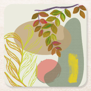 Botanical Boho Yellow Green Square Paper Coaster
