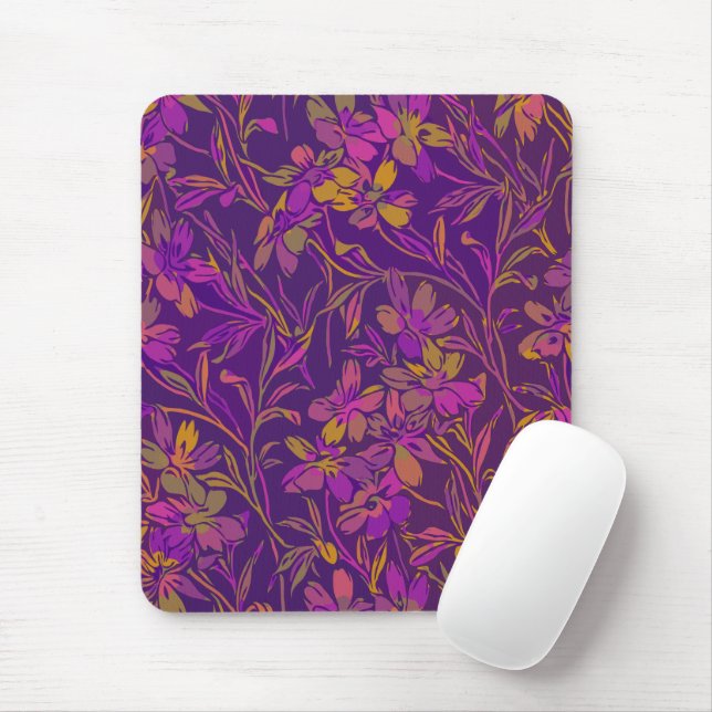 Botanical Bold Floral Pattern in Dark Purple Mouse Mat (With Mouse)