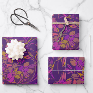 Botanical Bold Floral Pattern in Dark Purple  Wrapping Paper Sheet