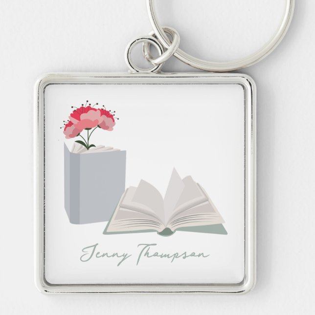 Botanical Books & Library Reading Custom Name Key Ring (Front)